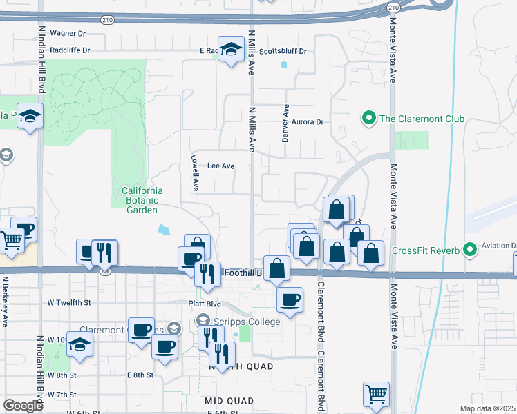 map of restaurants, bars, coffee shops, grocery stores, and more near 1480 North Mills Avenue in Claremont