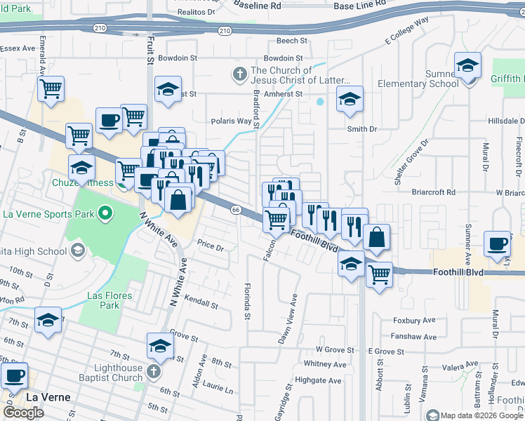 map of restaurants, bars, coffee shops, grocery stores, and more near 2777 Foothill Boulevard in La Verne