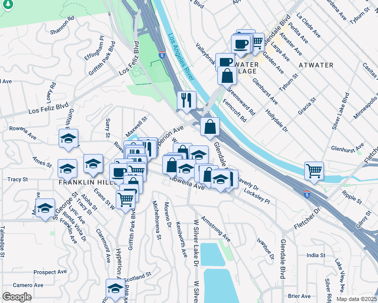 map of restaurants, bars, coffee shops, grocery stores, and more near Waverly Drive in Los Angeles