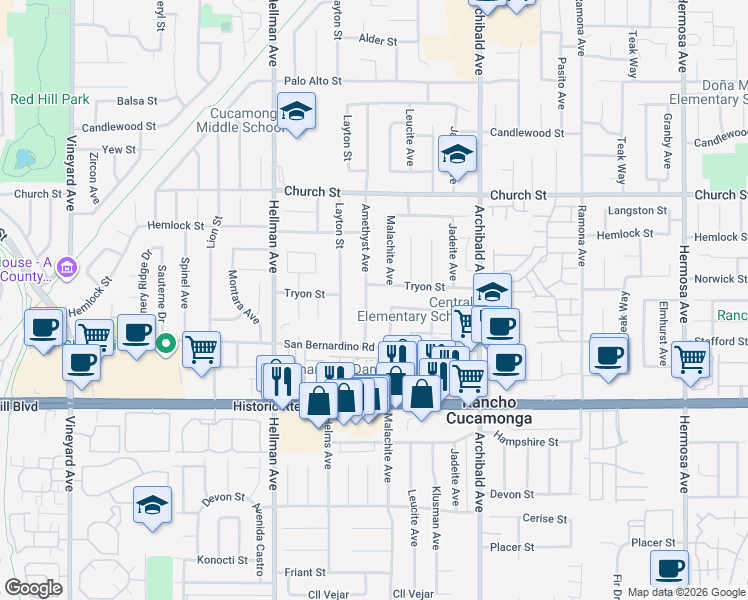 map of restaurants, bars, coffee shops, grocery stores, and more near 7920 Amethyst Avenue in Rancho Cucamonga