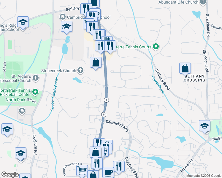 map of restaurants, bars, coffee shops, grocery stores, and more near 3065 Keyingham Way in Alpharetta