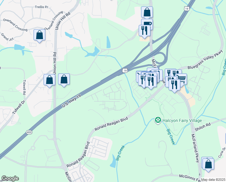 map of restaurants, bars, coffee shops, grocery stores, and more near 50 Venue Way in Alpharetta
