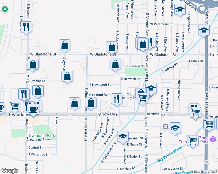 map of restaurants, bars, coffee shops, grocery stores, and more near 16624 East Newburgh Street in Azusa
