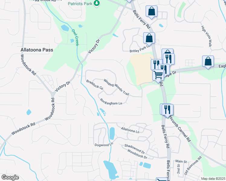 map of restaurants, bars, coffee shops, grocery stores, and more near 1006 Braddock Circle in Woodstock