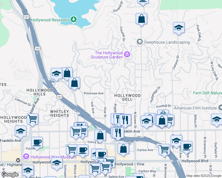 map of restaurants, bars, coffee shops, grocery stores, and more near 2168 Alcyona Drive in Los Angeles