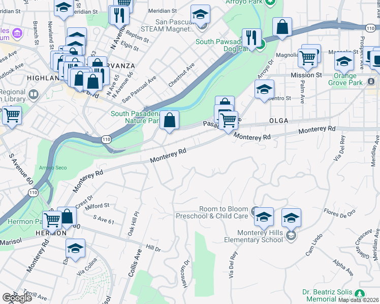 map of restaurants, bars, coffee shops, grocery stores, and more near 185 Monterey Road in South Pasadena