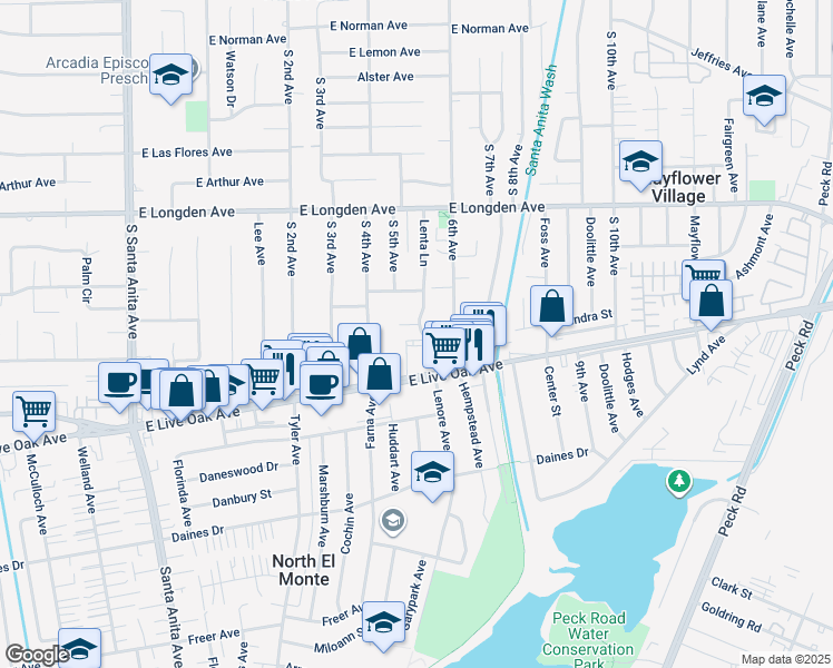 map of restaurants, bars, coffee shops, grocery stores, and more near 448 East Sandra Avenue in Arcadia