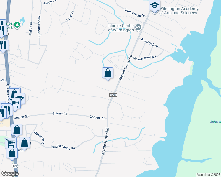 map of restaurants, bars, coffee shops, grocery stores, and more near 6708 Myrtle Grove Road in Wilmington