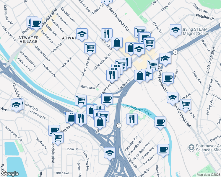 map of restaurants, bars, coffee shops, grocery stores, and more near 2700 Fletcher Drive in Los Angeles