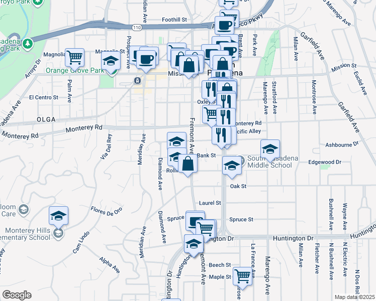 map of restaurants, bars, coffee shops, grocery stores, and more near 1319 Fremont Avenue in South Pasadena