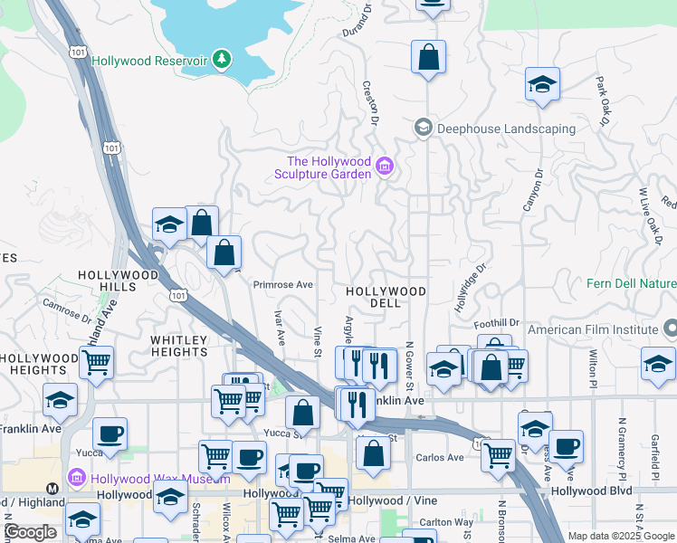 map of restaurants, bars, coffee shops, grocery stores, and more near 2168 Alcyona Drive in Los Angeles