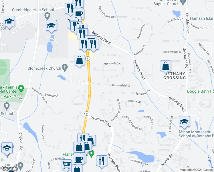 map of restaurants, bars, coffee shops, grocery stores, and more near 505 Astonefield Drive in Alpharetta
