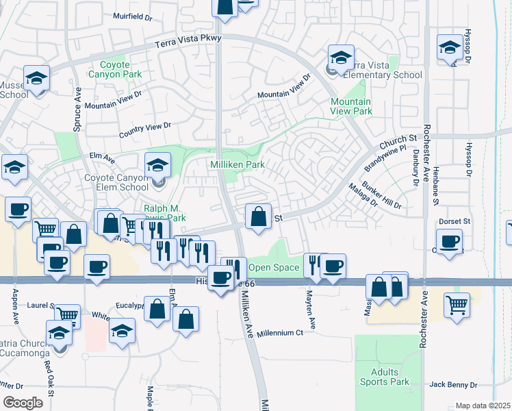 map of restaurants, bars, coffee shops, grocery stores, and more near 144 Church Street in Rancho Cucamonga