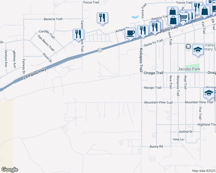 map of restaurants, bars, coffee shops, grocery stores, and more near Onaga Trail in Yucca Valley