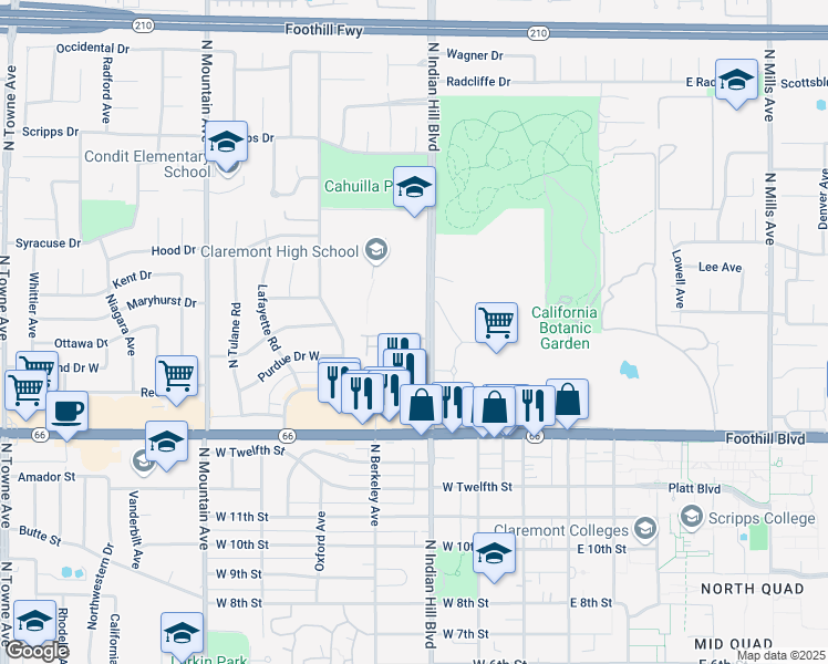 map of restaurants, bars, coffee shops, grocery stores, and more near 413 Willamette Lane in Claremont