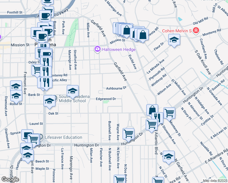 map of restaurants, bars, coffee shops, grocery stores, and more near 2041 Ashbourne Drive in South Pasadena