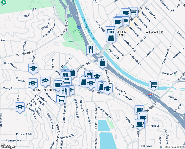 map of restaurants, bars, coffee shops, grocery stores, and more near 2965 Waverly Drive in Los Angeles