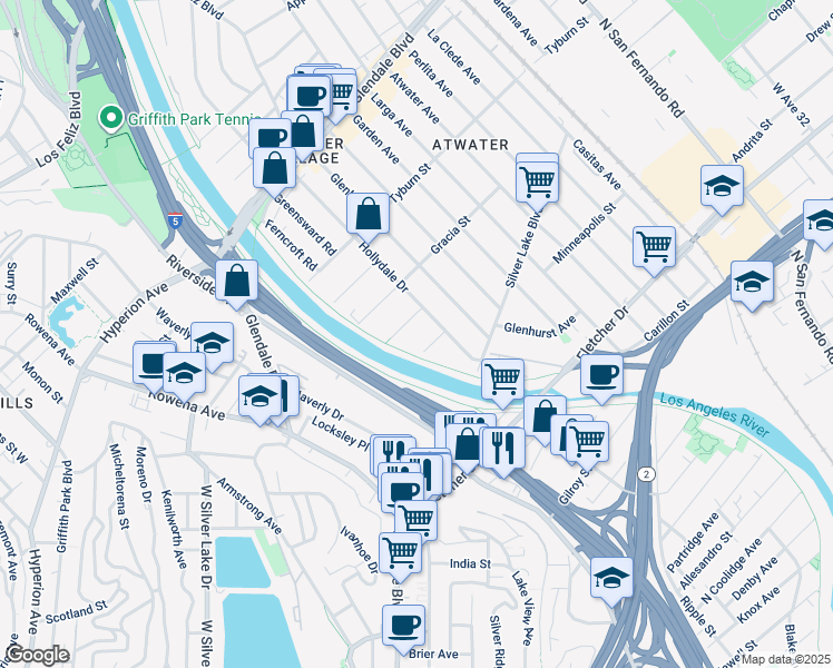 map of restaurants, bars, coffee shops, grocery stores, and more near in Los Angeles