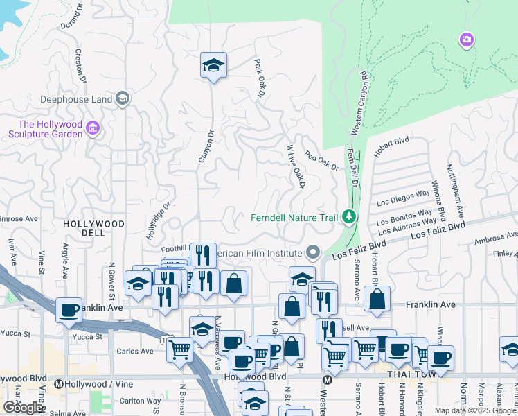 map of restaurants, bars, coffee shops, grocery stores, and more near 5692 Holly Oak Drive in Los Angeles