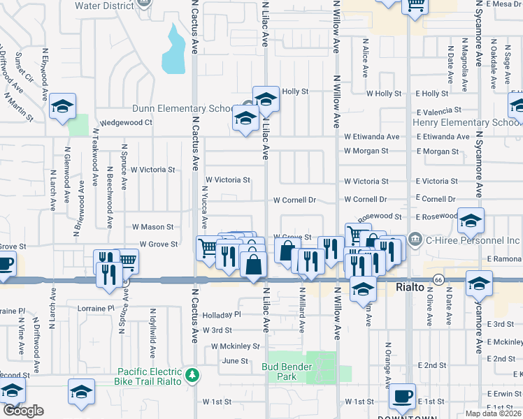 map of restaurants, bars, coffee shops, grocery stores, and more near 590 North Lilac Avenue in Rialto