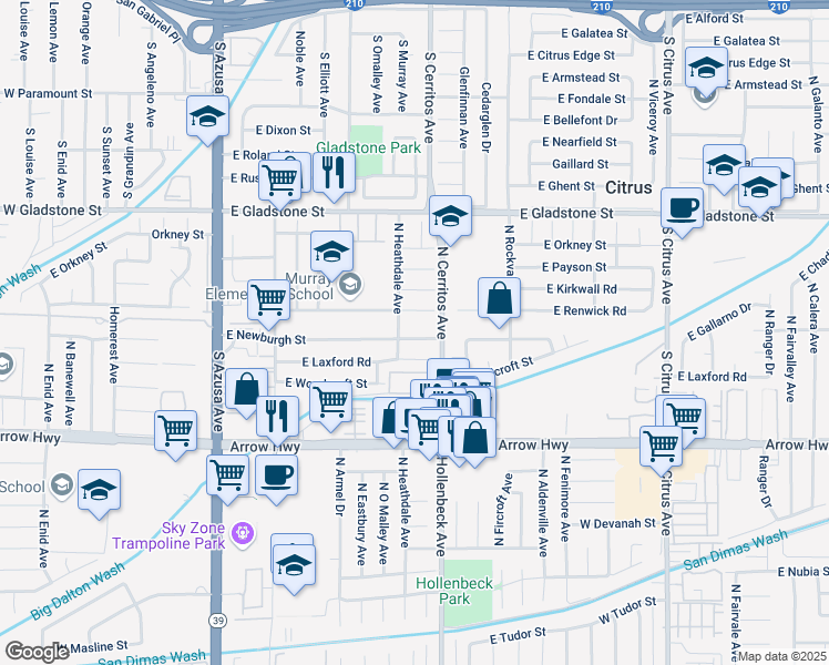 map of restaurants, bars, coffee shops, grocery stores, and more near 17914 East Newburgh Street in Azusa
