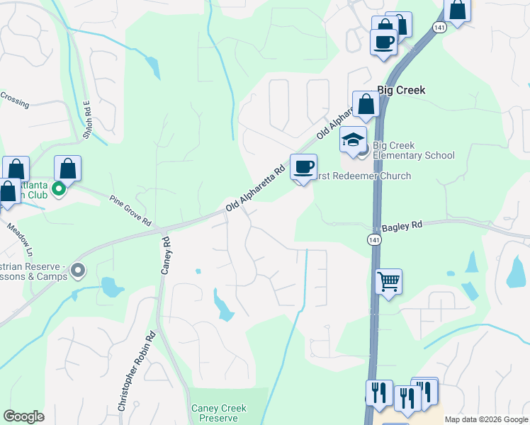 map of restaurants, bars, coffee shops, grocery stores, and more near 2425 Spring Harbor Drive in Cumming