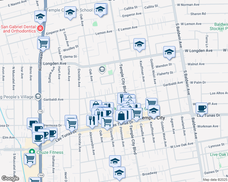 map of restaurants, bars, coffee shops, grocery stores, and more near 6057 Primrose Avenue in Temple City