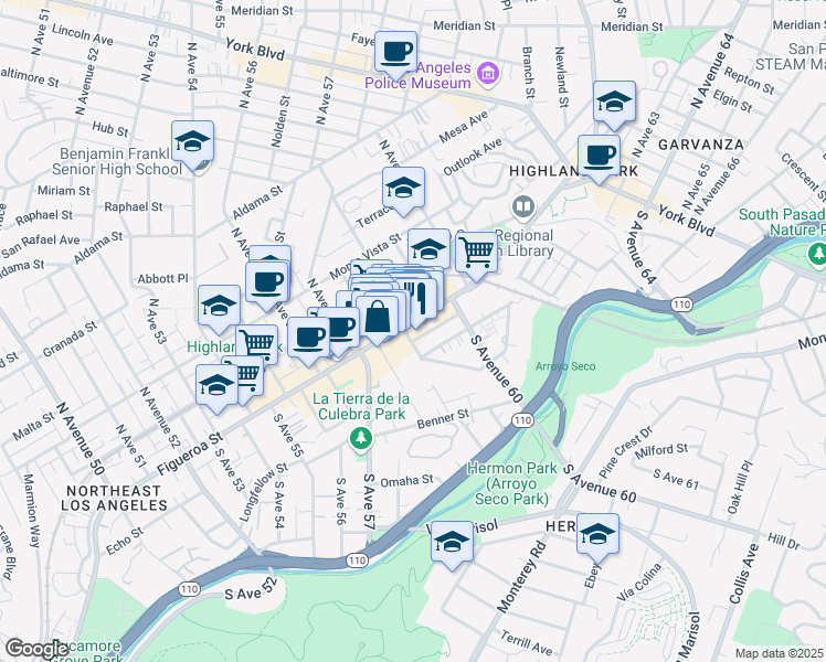 map of restaurants, bars, coffee shops, grocery stores, and more near 5820 North Figueroa Street in Los Angeles