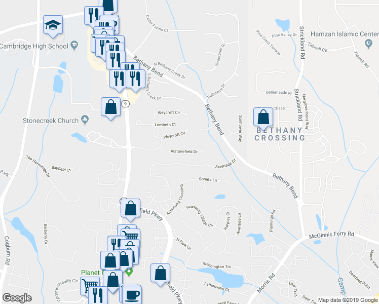 map of restaurants, bars, coffee shops, grocery stores, and more near 630 Astonefield Drive in Milton