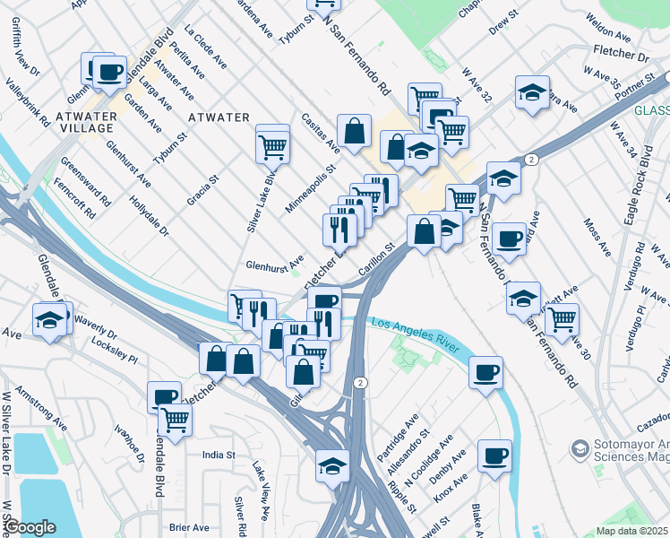 map of restaurants, bars, coffee shops, grocery stores, and more near 3044 Larga Avenue in Los Angeles
