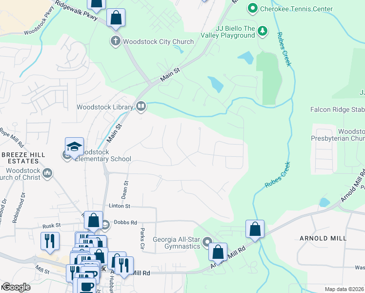 map of restaurants, bars, coffee shops, grocery stores, and more near 616 Oakbourne Way in Woodstock