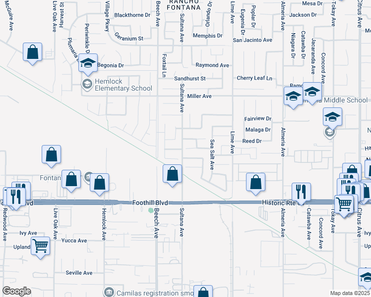 map of restaurants, bars, coffee shops, grocery stores, and more near 15457 Red Pepper Place in Fontana