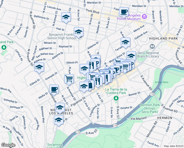 map of restaurants, bars, coffee shops, grocery stores, and more near 224 North Avenue 55 in Los Angeles