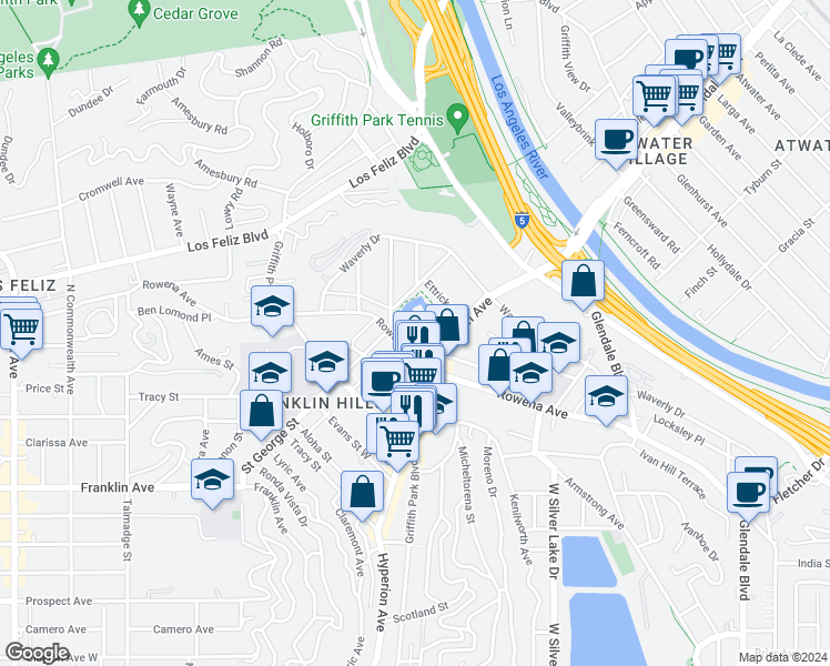 map of restaurants, bars, coffee shops, grocery stores, and more near 3388 Rowena Avenue in Los Angeles