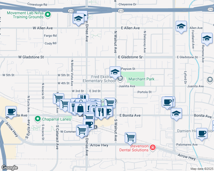map of restaurants, bars, coffee shops, grocery stores, and more near 220 East 4th Street in San Dimas
