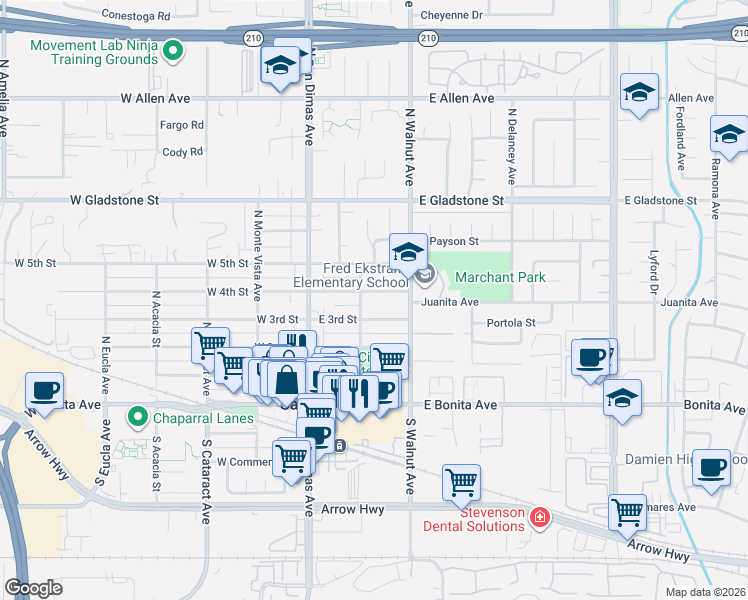 map of restaurants, bars, coffee shops, grocery stores, and more near 214 East 4th Street in San Dimas