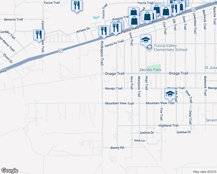map of restaurants, bars, coffee shops, grocery stores, and more near 55343 Navajo Trail in Yucca Valley