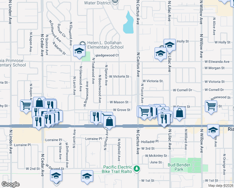 map of restaurants, bars, coffee shops, grocery stores, and more near 855 West Rosewood Street in Rialto