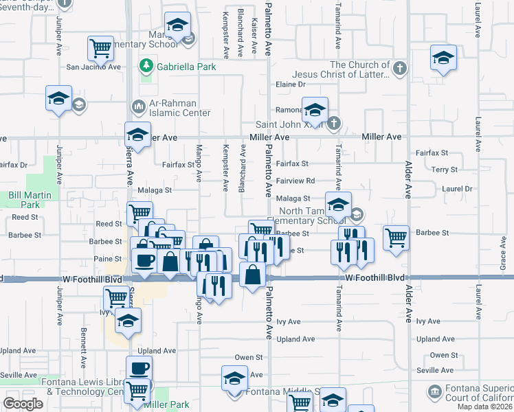 map of restaurants, bars, coffee shops, grocery stores, and more near 7914 Palmetto Avenue in Fontana