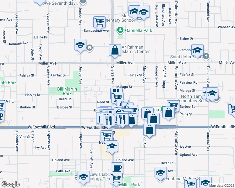 map of restaurants, bars, coffee shops, grocery stores, and more near 16940 Reed Street in Fontana