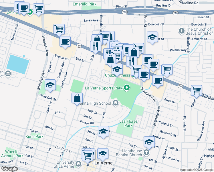 map of restaurants, bars, coffee shops, grocery stores, and more near 2022 Evergreen Street in La Verne