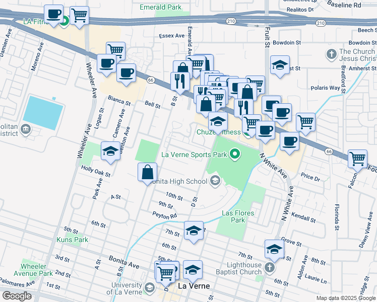 map of restaurants, bars, coffee shops, grocery stores, and more near 2022 Evergreen Street in La Verne