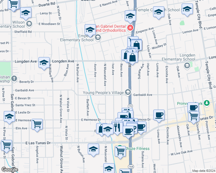 map of restaurants, bars, coffee shops, grocery stores, and more near 6122 North Muscatel Avenue in San Gabriel