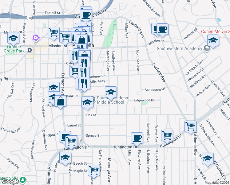 map of restaurants, bars, coffee shops, grocery stores, and more near 1327 Stratford Avenue in South Pasadena