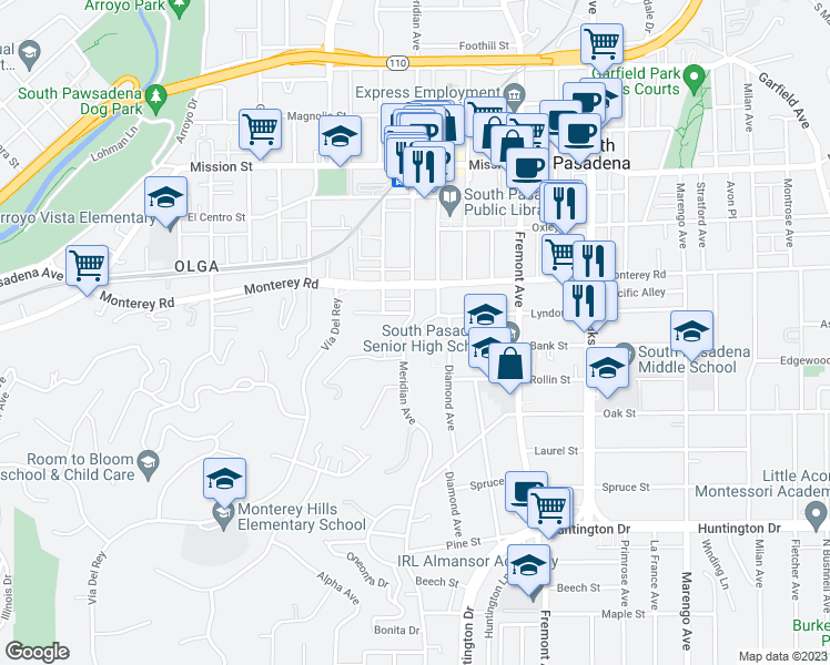 map of restaurants, bars, coffee shops, grocery stores, and more near 1327 Diamond Avenue in South Pasadena