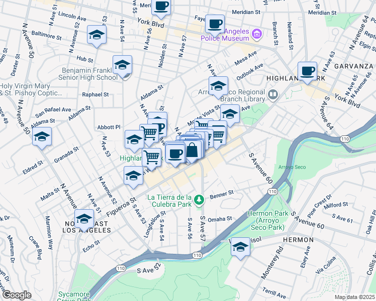 map of restaurants, bars, coffee shops, grocery stores, and more near 125 North Avenue 56 in Los Angeles