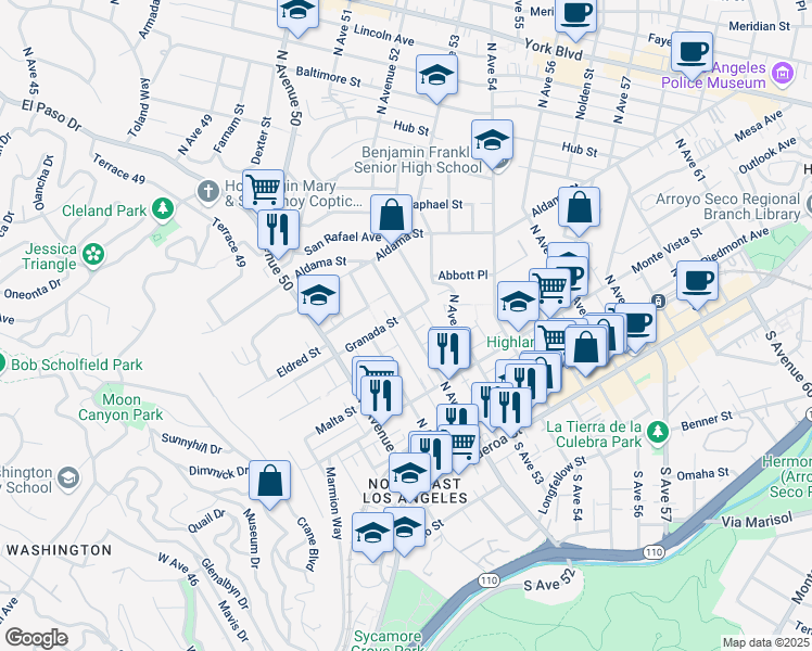 map of restaurants, bars, coffee shops, grocery stores, and more near 5122 Granada Street in Los Angeles