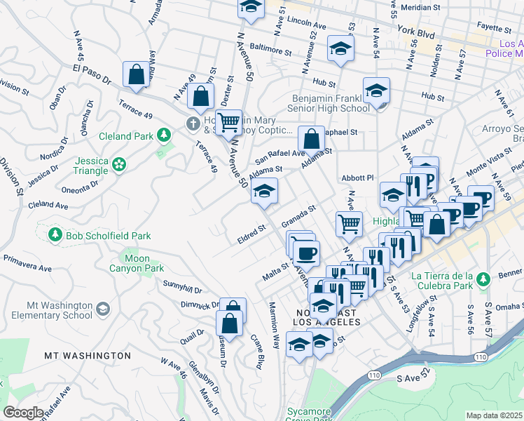 map of restaurants, bars, coffee shops, grocery stores, and more near 650 North Avenue 50 in Los Angeles
