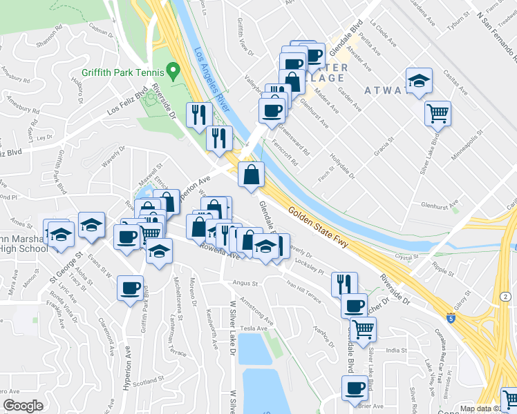 map of restaurants, bars, coffee shops, grocery stores, and more near 2857 Glendale Boulevard in Los Angeles