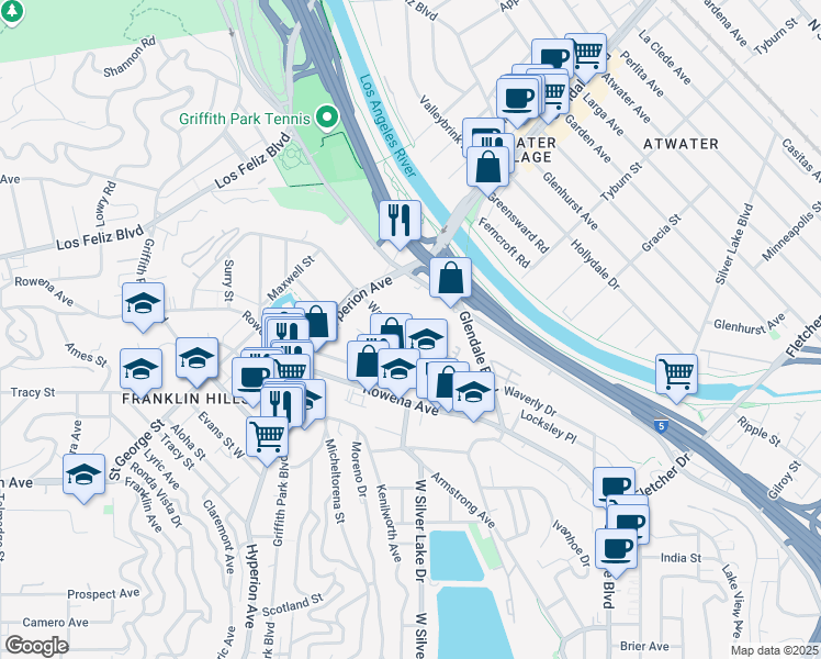 map of restaurants, bars, coffee shops, grocery stores, and more near 2965 Waverly Drive in Los Angeles